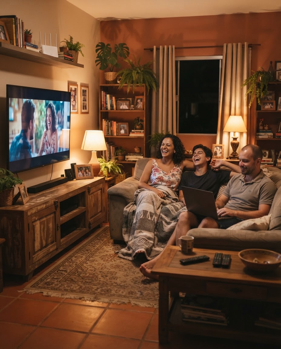 Família usando a internet fibra da Conektar